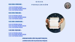 Biblioteka szkolna zaprasza uczniów na Giełdę podręczników, od 08 września- 11 września 2026r. w auli szkolnej.